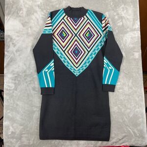 Yuka Womens Geometric Diamond Intarsia Mock Neck Sweater Dress Black Teal T5
